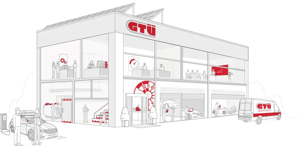 Autohaus-Grafik mit GTÜ-Dienstleistungen