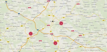 Kartenausschnitt der GTÜ-Vertragspartnersuche mit Standorten im Raum Stuttgart