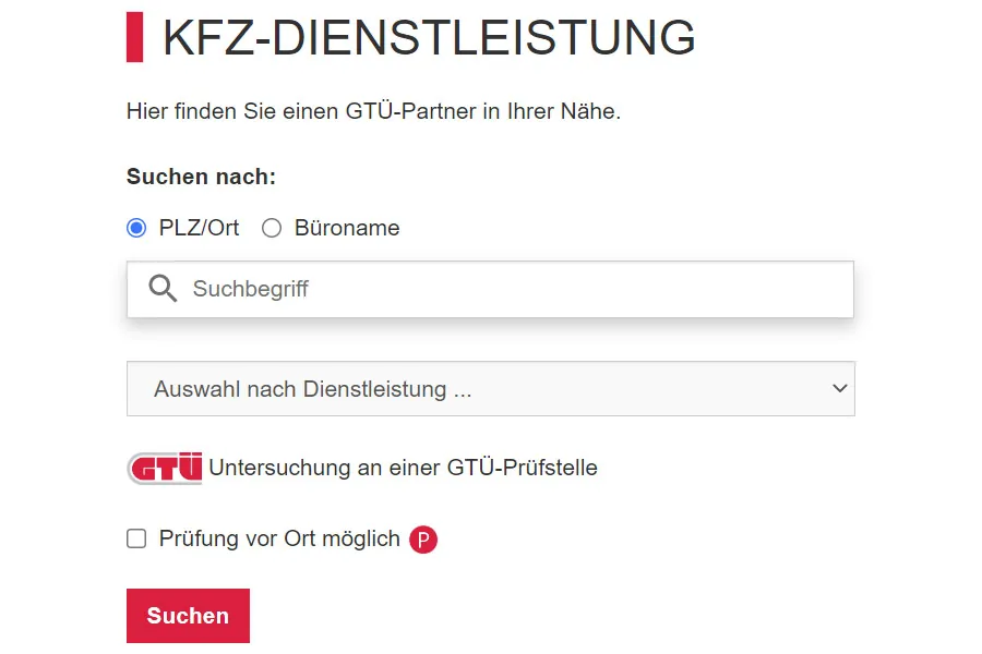 Screenshot der Eingabemaske zur GTÜ-Vertragspartnersuche