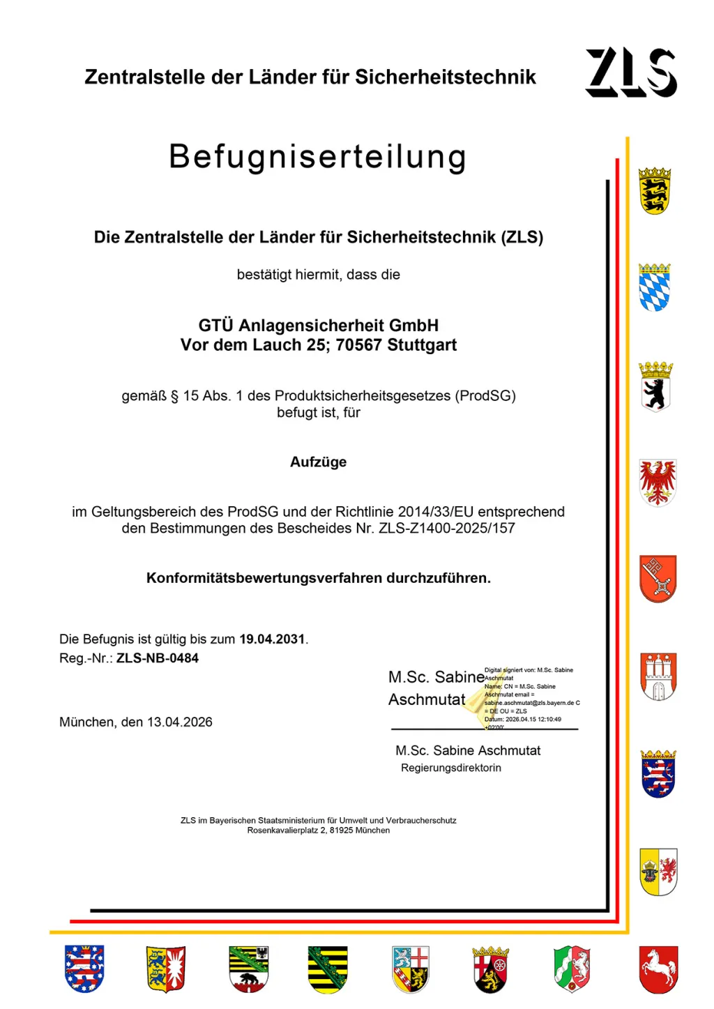ZLS-Urkunde Aufzüge